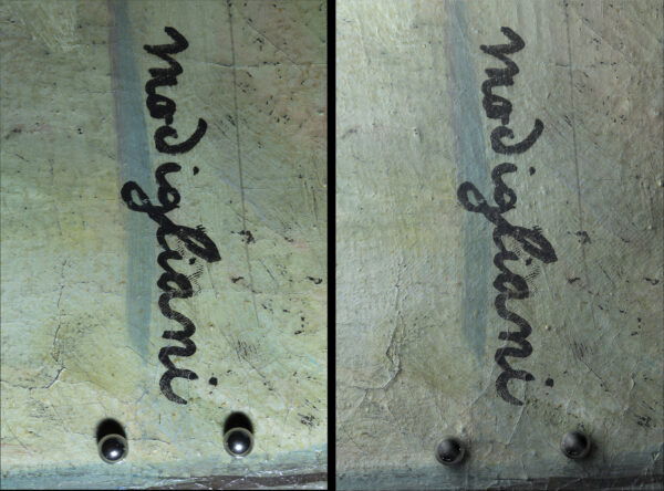 Left: signature in direct light; Right: signature in 3D photography - Portrait of a woman, Modigliani / ©ORO